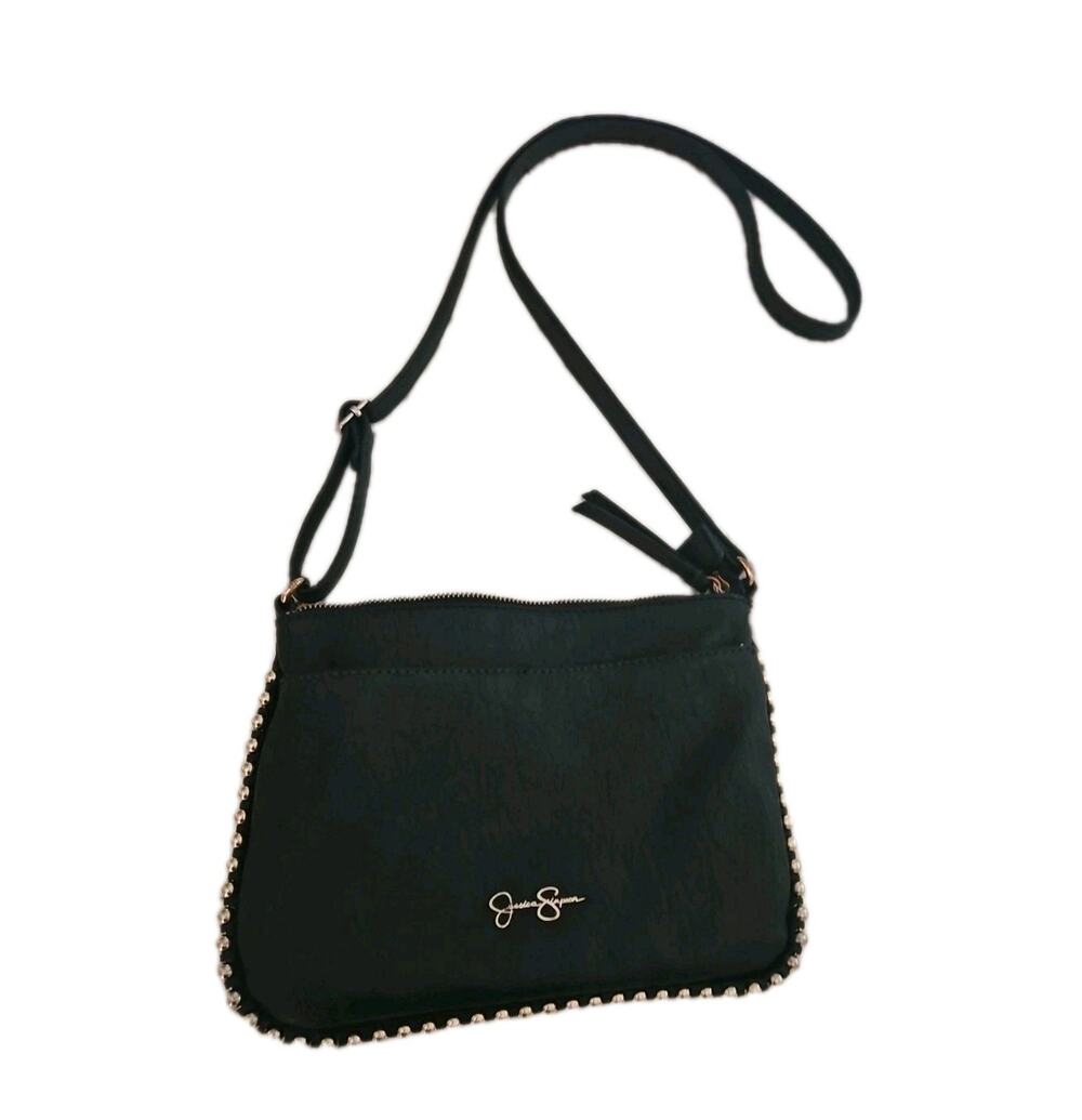 Jessica Simpson Black Faux Leather Crossbody Bag Gold Ball Studs 7.5x10